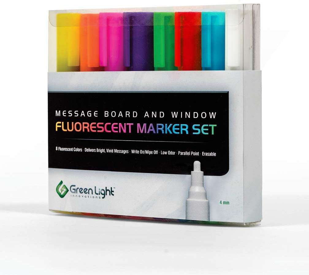 Green Light Innovations Dry Erase Markers – with 8 x 4mm Fine Point Fluorescent Neon Marker Pens for LED Message Boards, Whiteboards, Windows – Instant Impact for Daily Notices – Low-Odor, Easy Clean