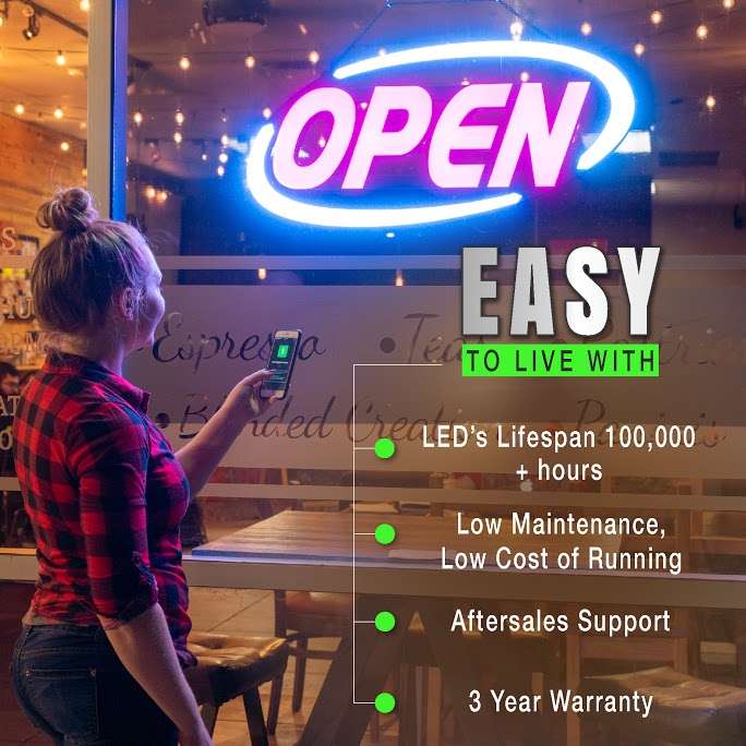 Bluetooth App Enabled OPEN Sign – 15″x 32″ – 64 Color Options