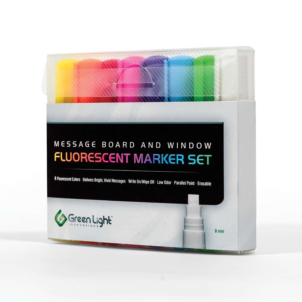 Green Light Innovations Dry Erase Markers – 8 x 8mm Parallel Tip Fluorescent Neon Marker Pens for LED Message Boards, Whiteboards, and Windows – Instant Impact for Your Notices – Low-Odor, Easy Clean