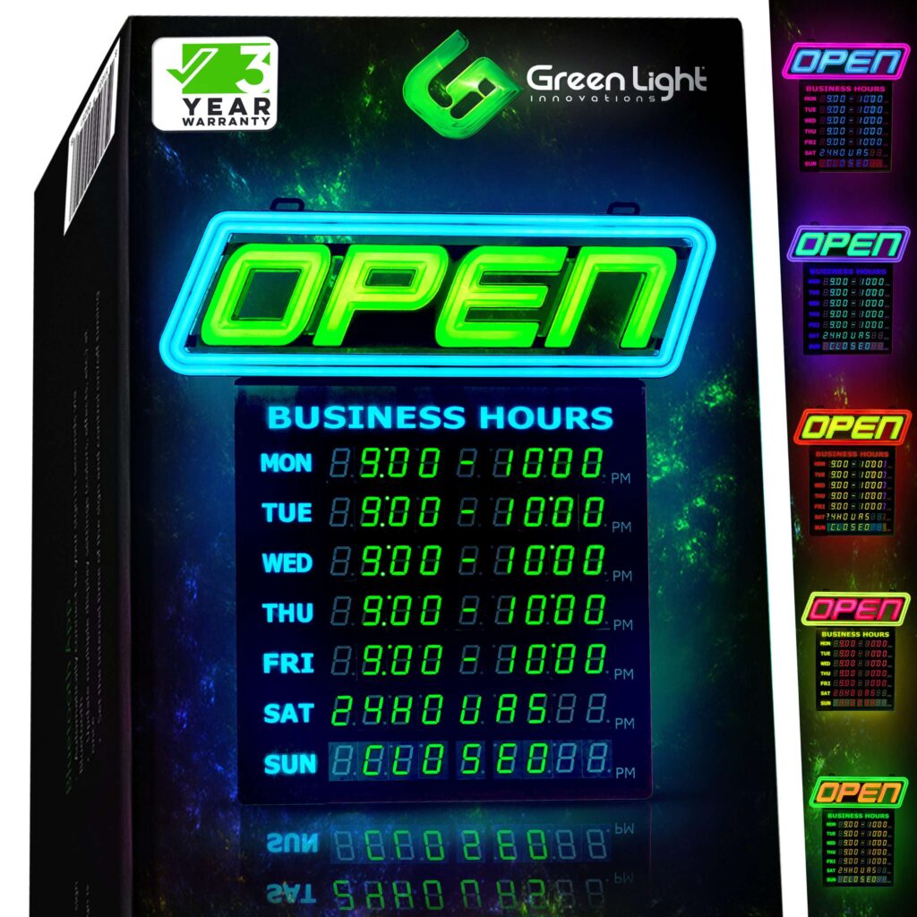 GLI1057B 15x16 LED open sign with digital business hours display