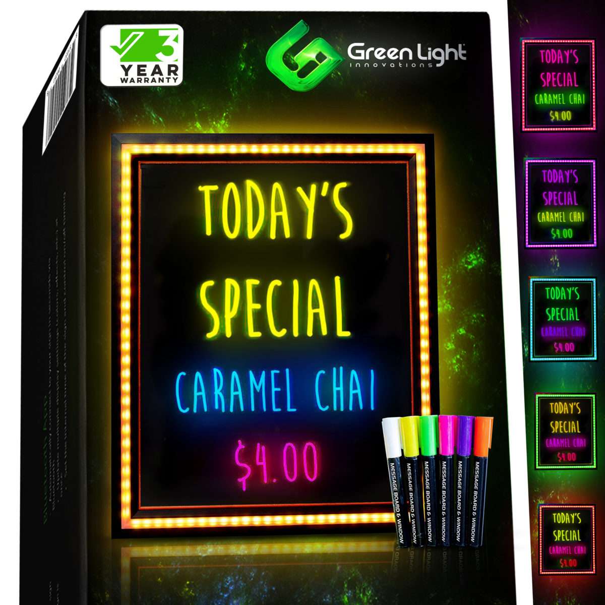 LED Message Board with Markers – Instant Impact for Your Daily Specials and Notices – 8 Border Colors with 6 x Neon-Dry-Erase Pens, Stand and Hanging Chains – Long Warranty and Dedicated Service Team