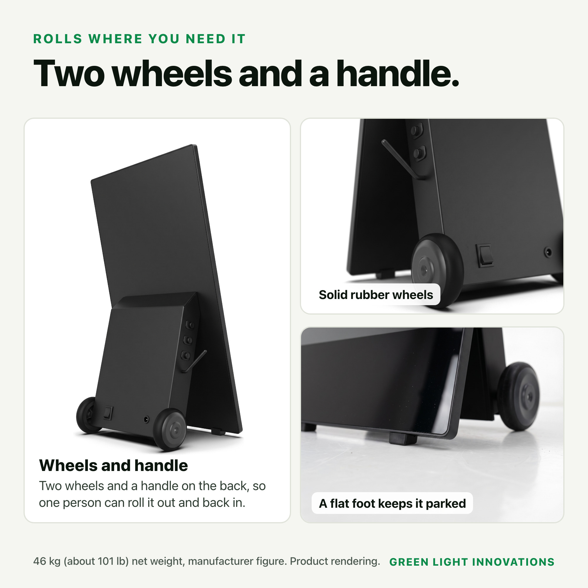 Rear of the cordless display showing the wheels, handle and foot.