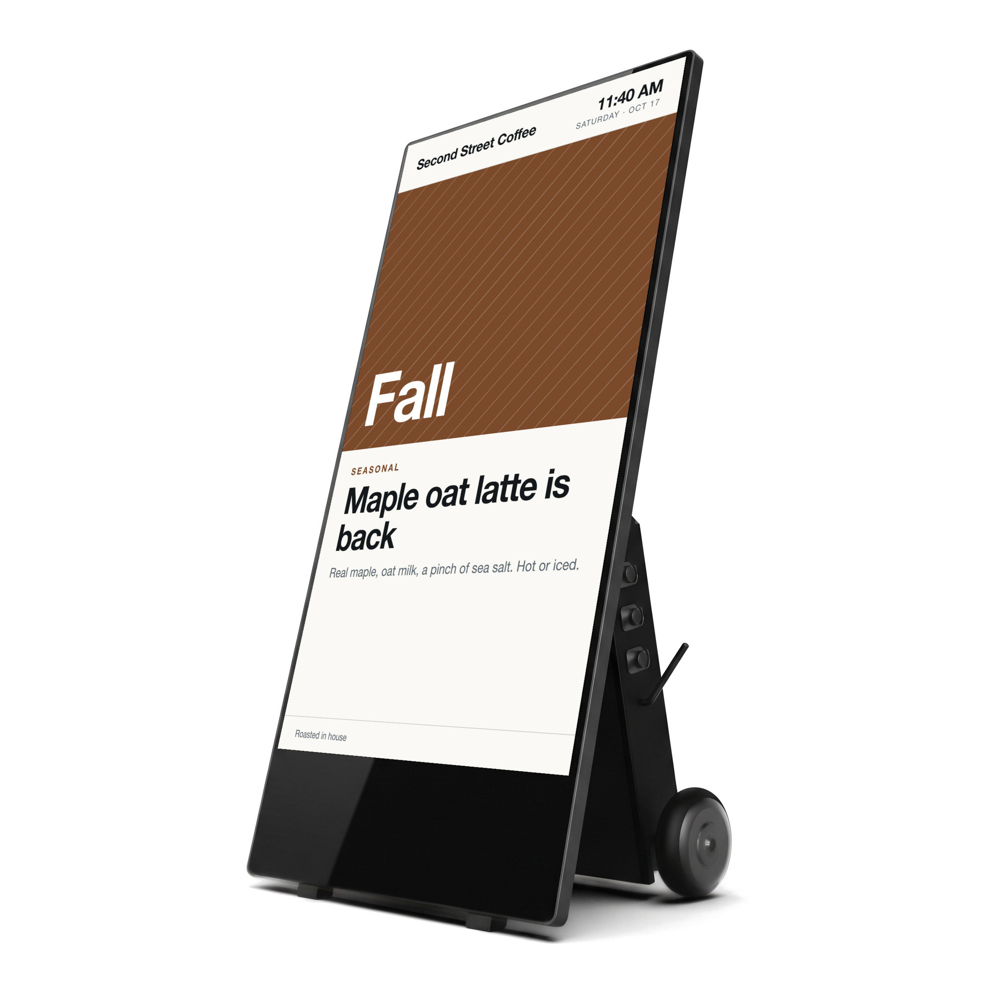 Cordless A-frame display on wheels showing a cafe menu