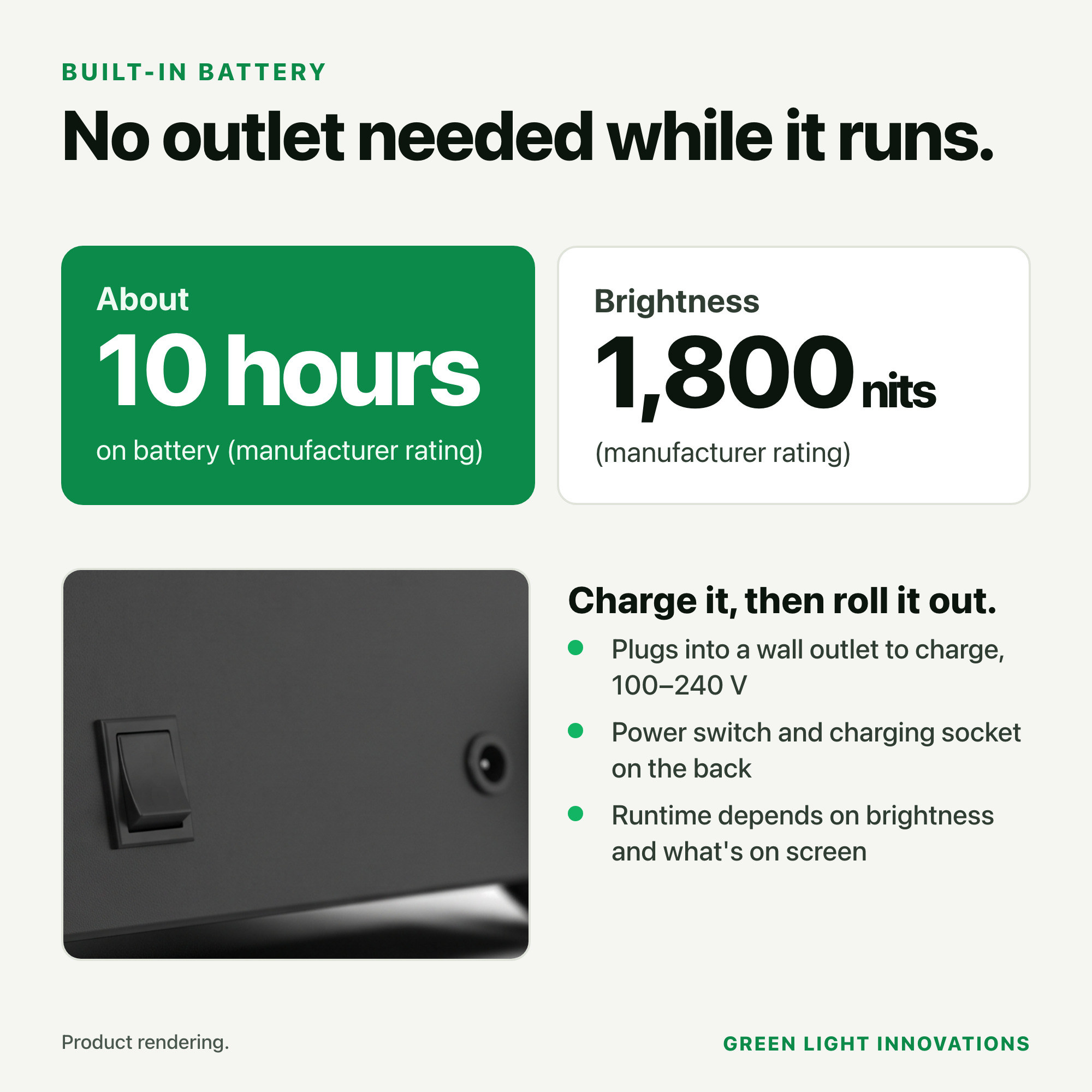 About 10 hours on battery and 1,800 nits, manufacturer ratings
