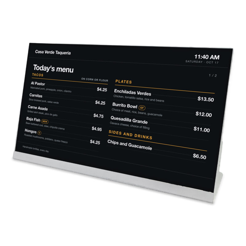Countertop display on an L-shaped base showing a restaurant menu