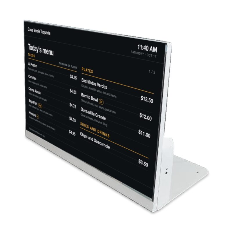 Green Light countertop display on an L-shaped base showing a restaurant menu with prices