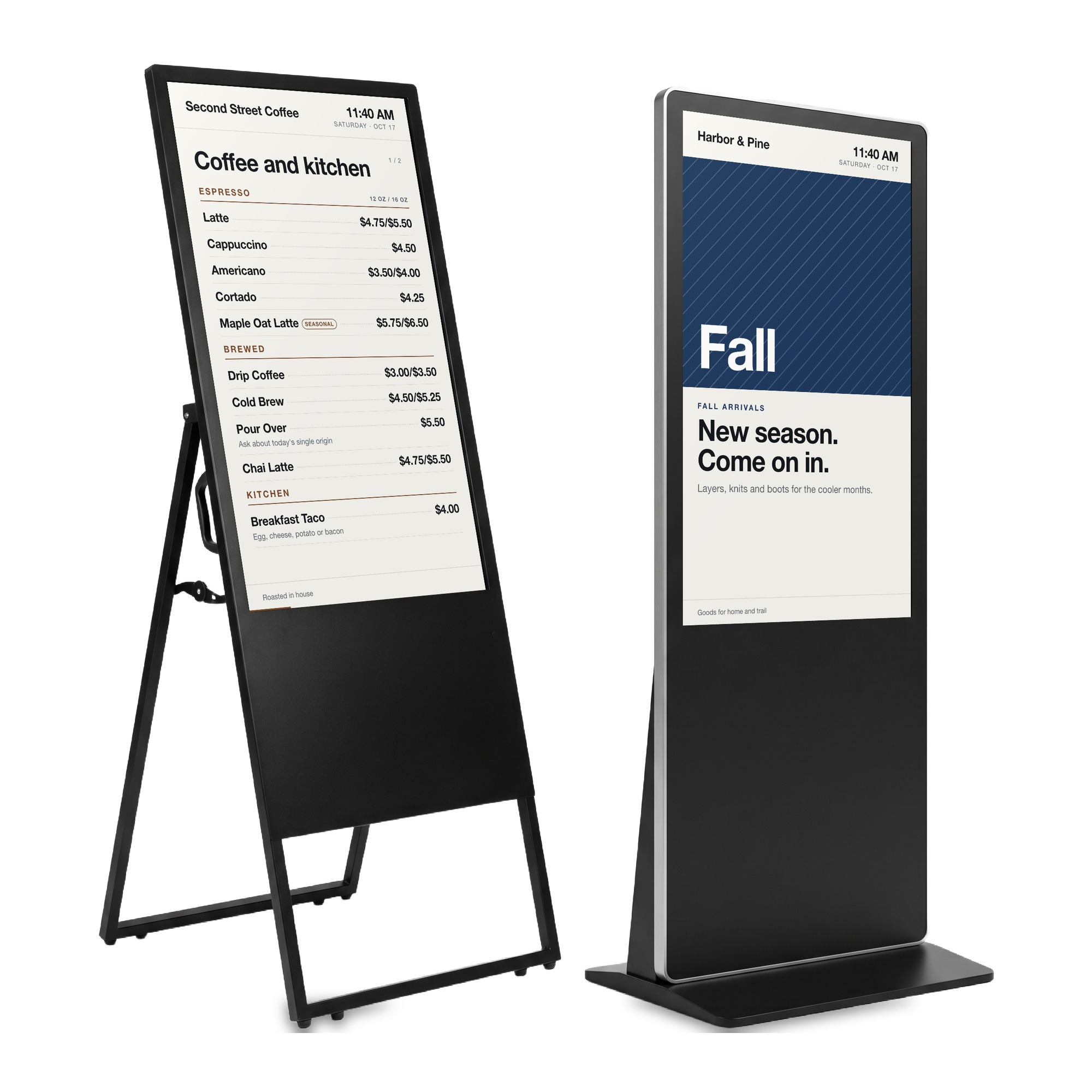 A-frame stand display and floor-standing poster display side by side