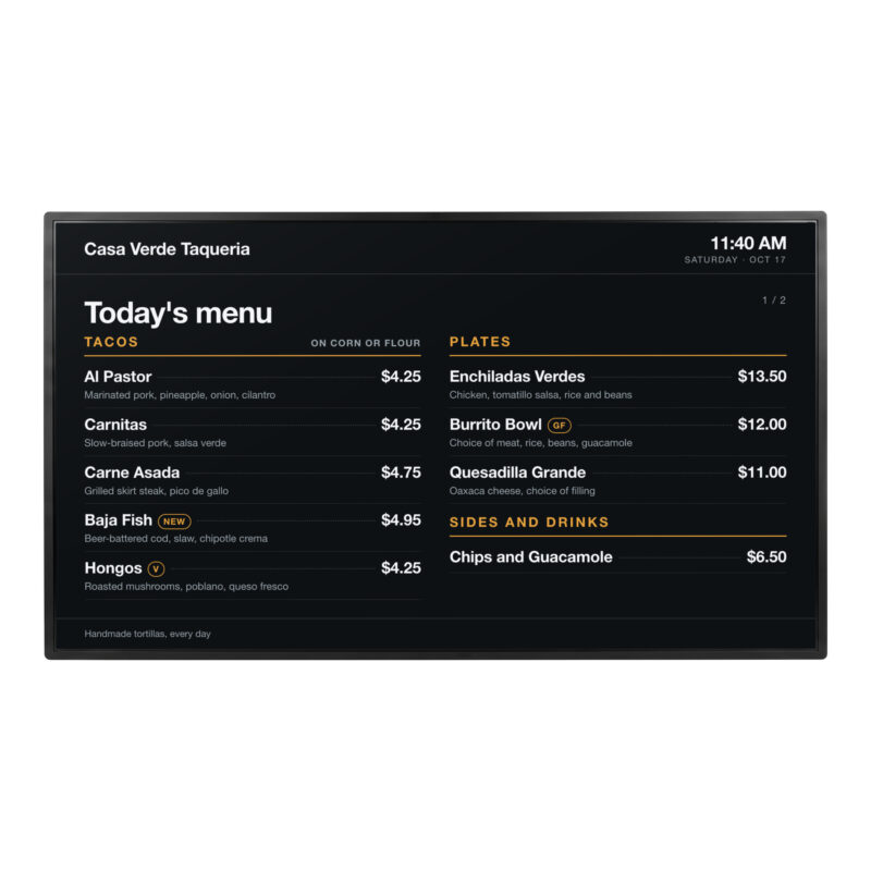Wall mount display showing a restaurant menu